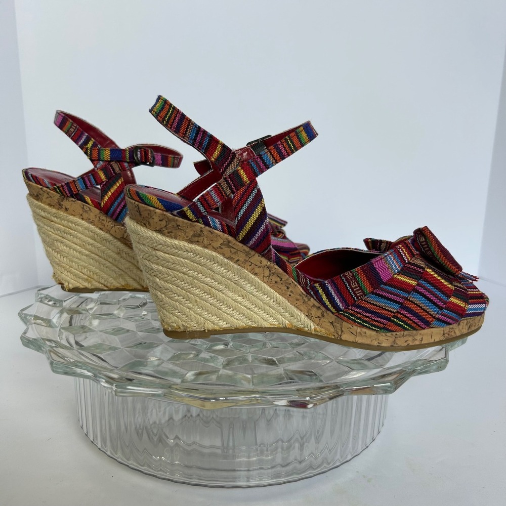 White Mountain Cliffs Colorful Fabric Bow Wedge Sandals Size‎ 7.5M
